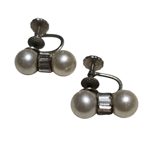 Duel Faux Pearls Screw Back Earrings - Picture 2 of 2